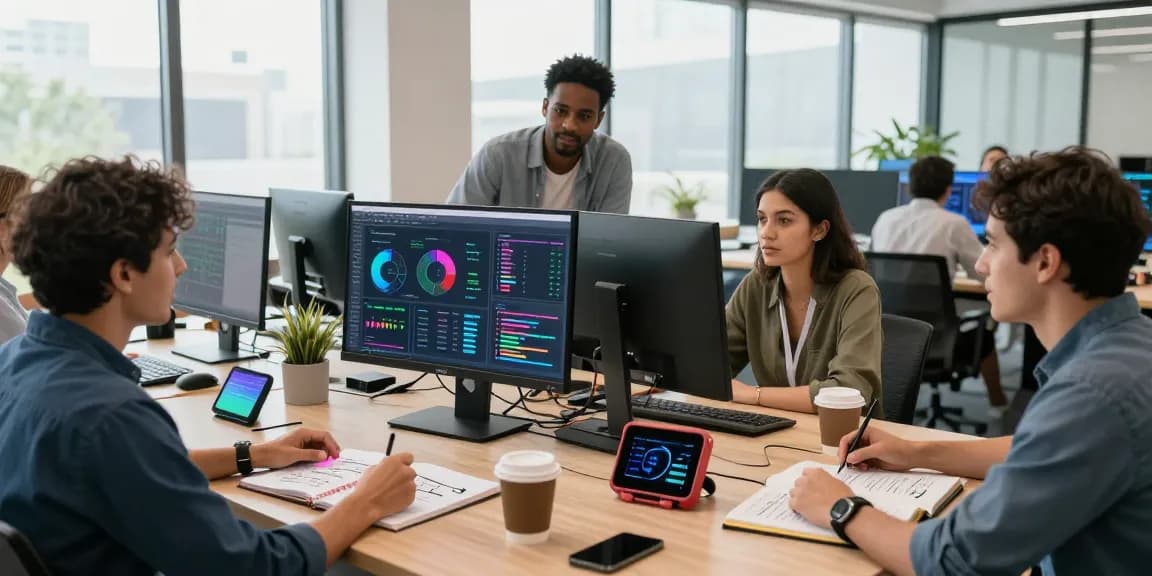 Collaborative marketing professionals using AI marketing tools in a modern office environment.