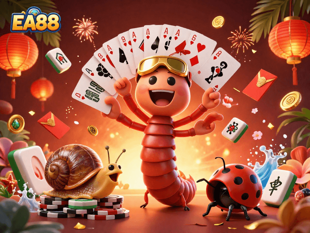 Experience the excitement of EA88 with a vibrant casino scene featuring playful characters and dynamic gaming elements.