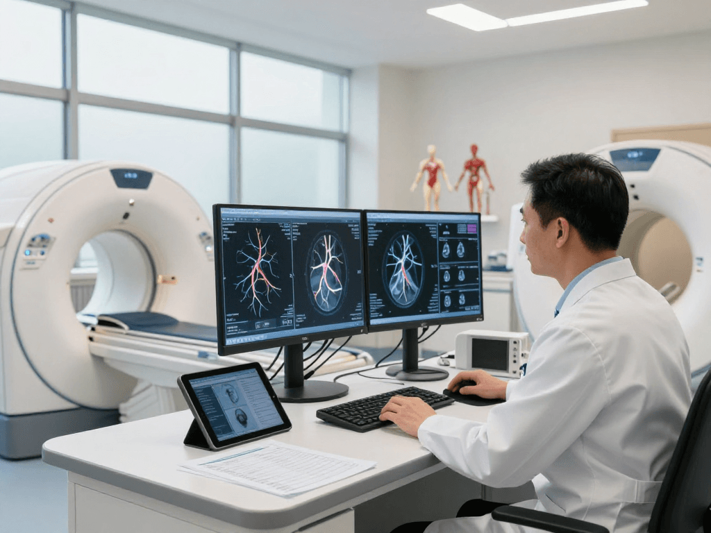 Vascular imaging and diagnostics in a modern healthcare setting with professionals analyzing high-resolution scans.