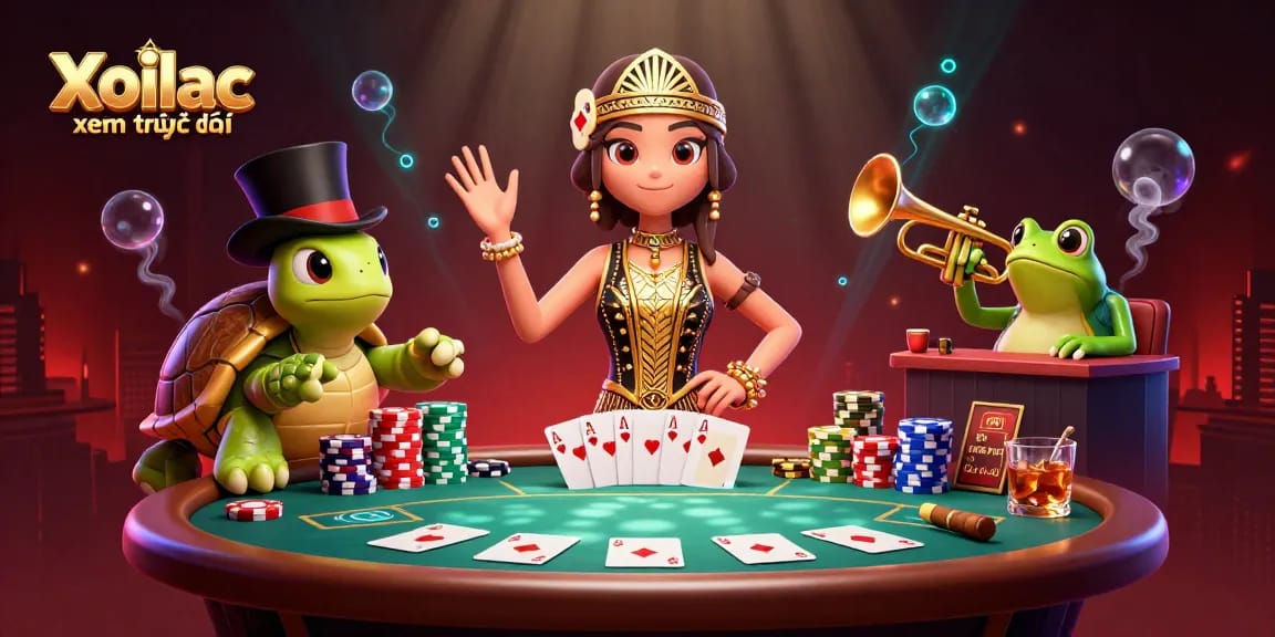 Xoilac xem trực tiếp showcases vibrant poker excitement at a speakeasy with colorful characters
