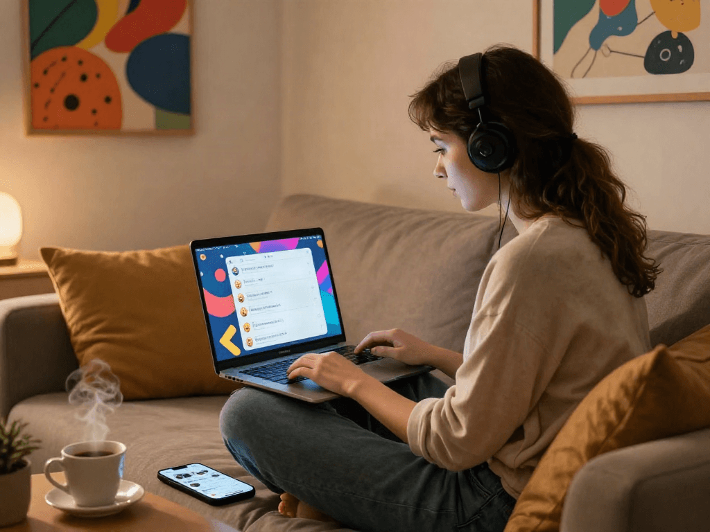 User engaged in ai sex chat conversations in a cozy setting with a laptop and warm lighting.
