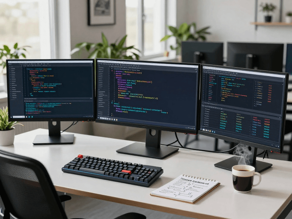 A blockchain developer exploring tornardocash privacy technology in a modern workspace with multiple monitors showcasing smart contracts, analytics, and notes.