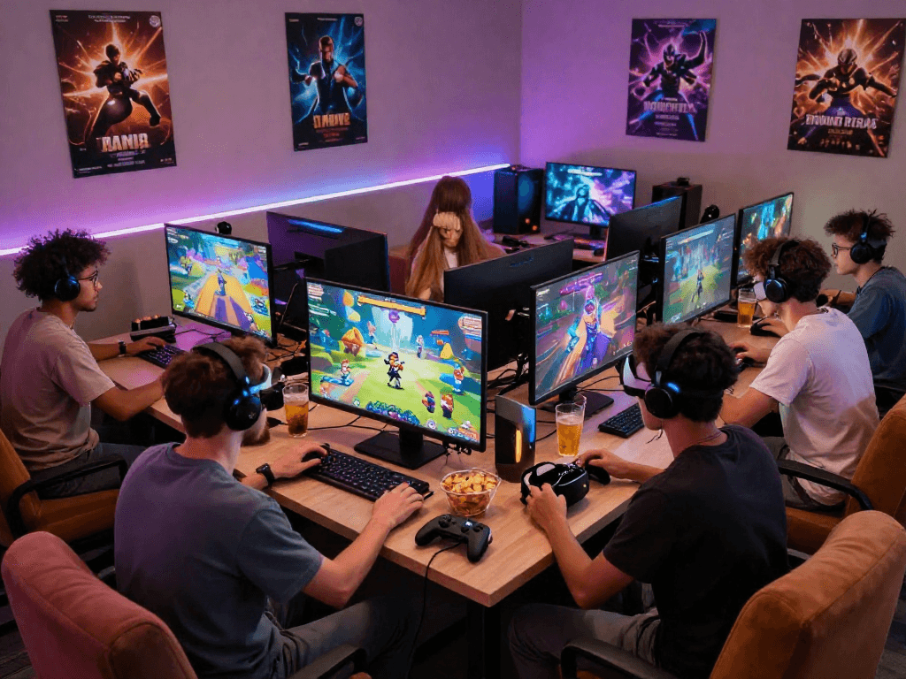 Diverse adults enjoying engaging porngame experiences in a cozy virtual gaming lounge.