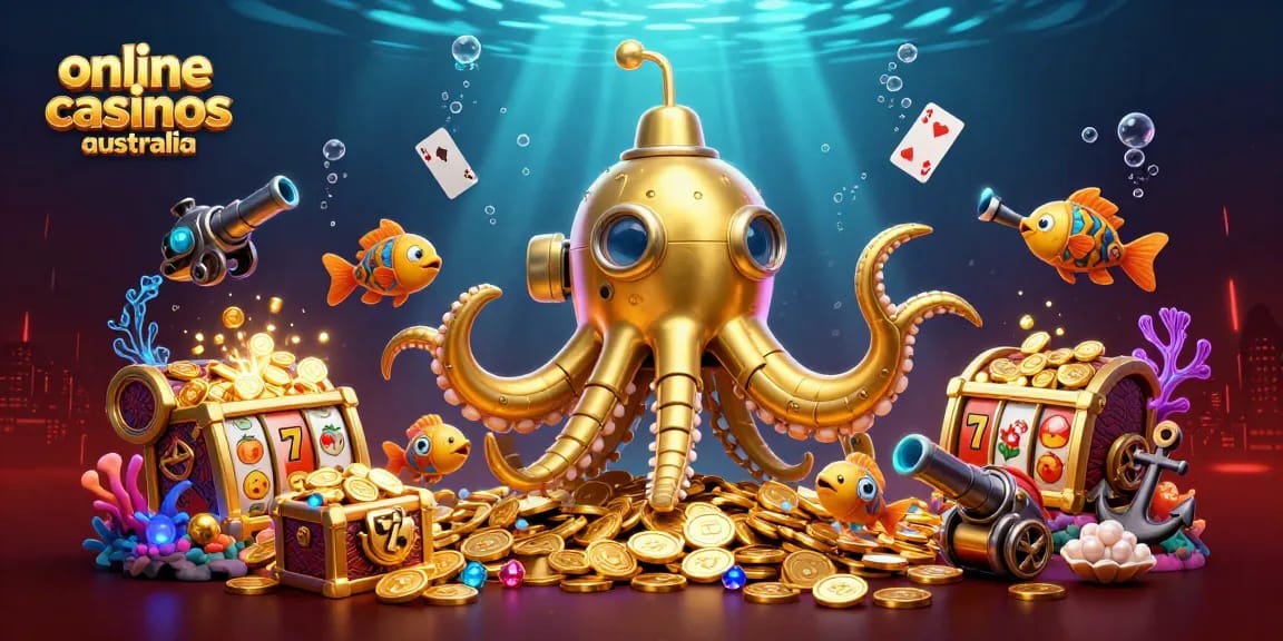 Experience exciting gameplay in online casinos Australia with a golden kraken submarine and vibrant slot elements in action.