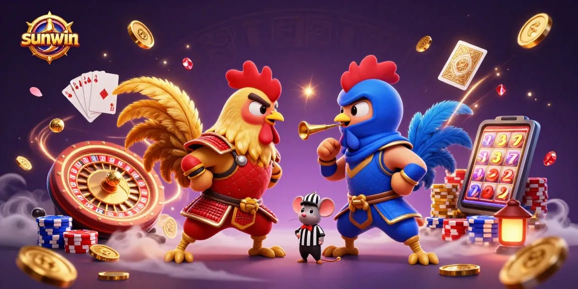 Sunwin showcases thrilling rooster combat with dazzling casino elements in dynamic 3D art.