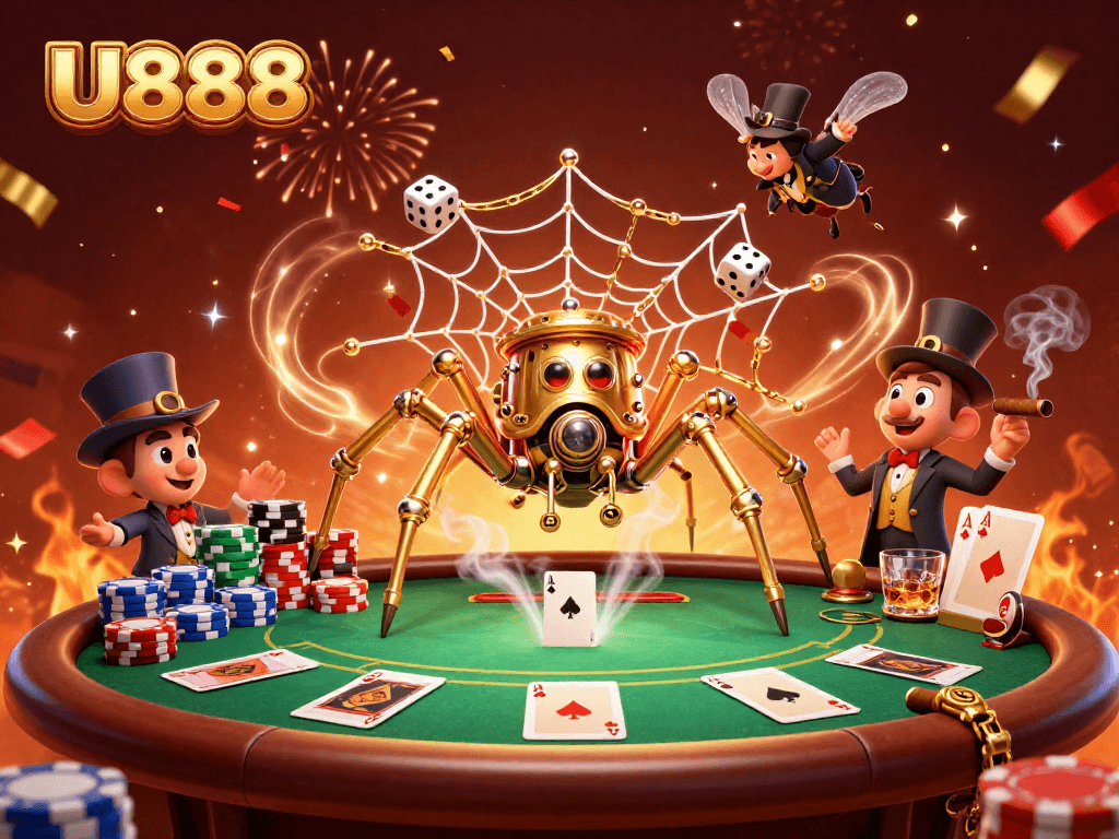 Experience U888's thrilling casino action with a vibrant scene depicting a steampunk spider catching dice.
