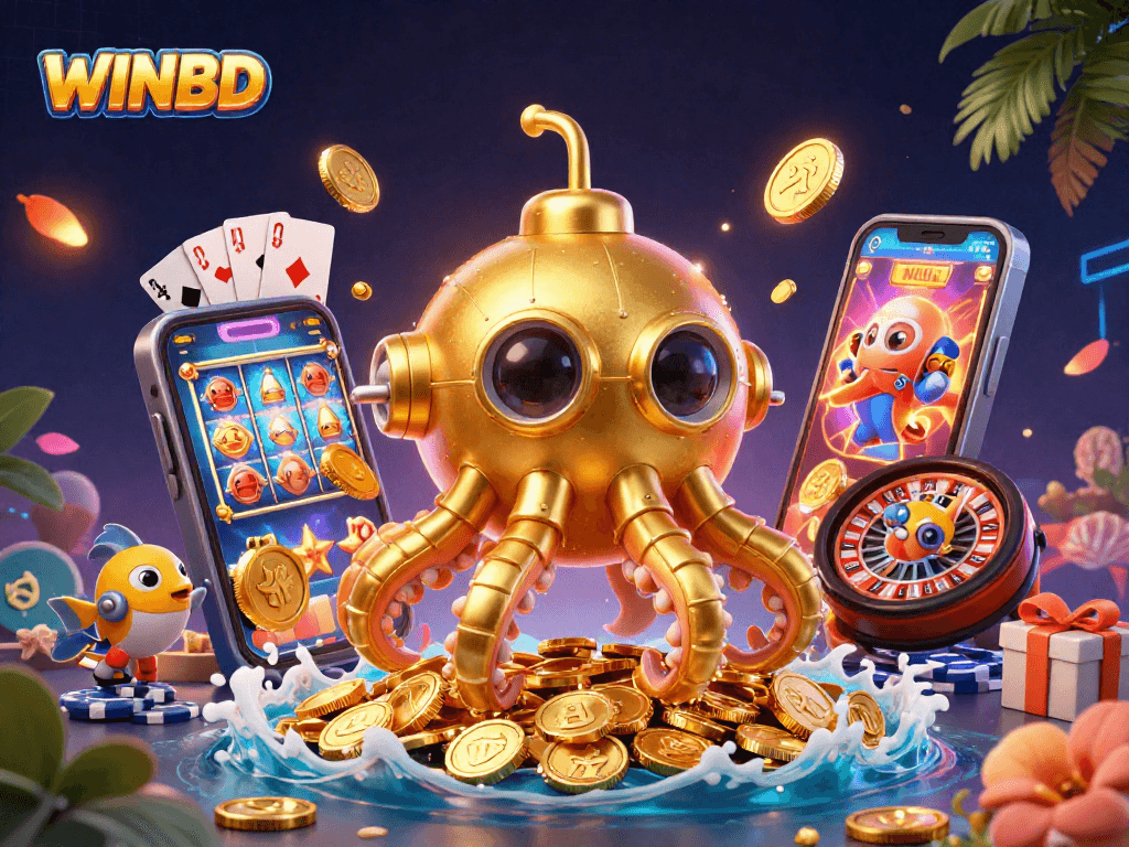 WINBD offers players an engaging gaming experience with a golden kraken amidst riches, slot games, and thrilling visuals.