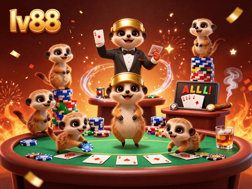 Experience the excitement of lv88 with meerkats running a vibrant casino scene filled with poker action.