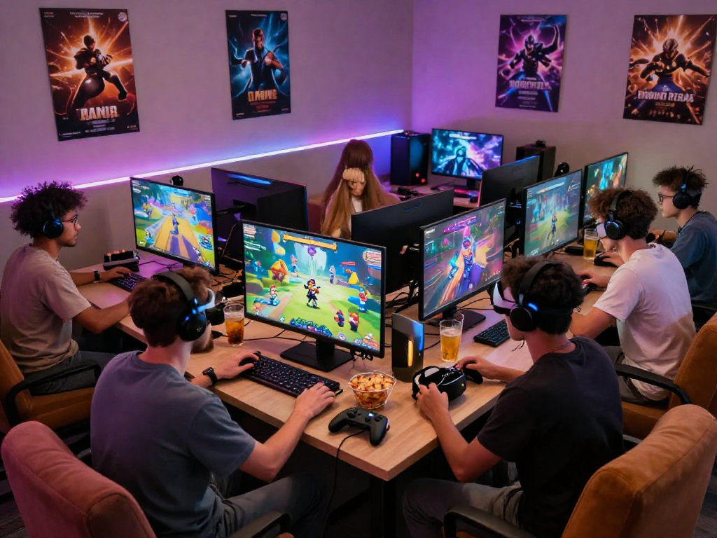 Diverse adults enjoying engaging porngame experiences in a cozy virtual gaming lounge.