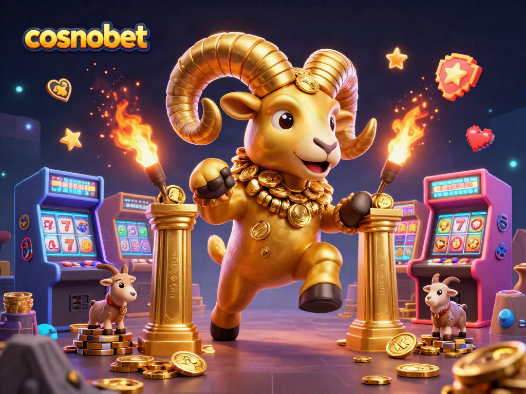 Experience the excitement of cosmobet casino with a 3D golden ram charging through a vibrant gaming landscape.