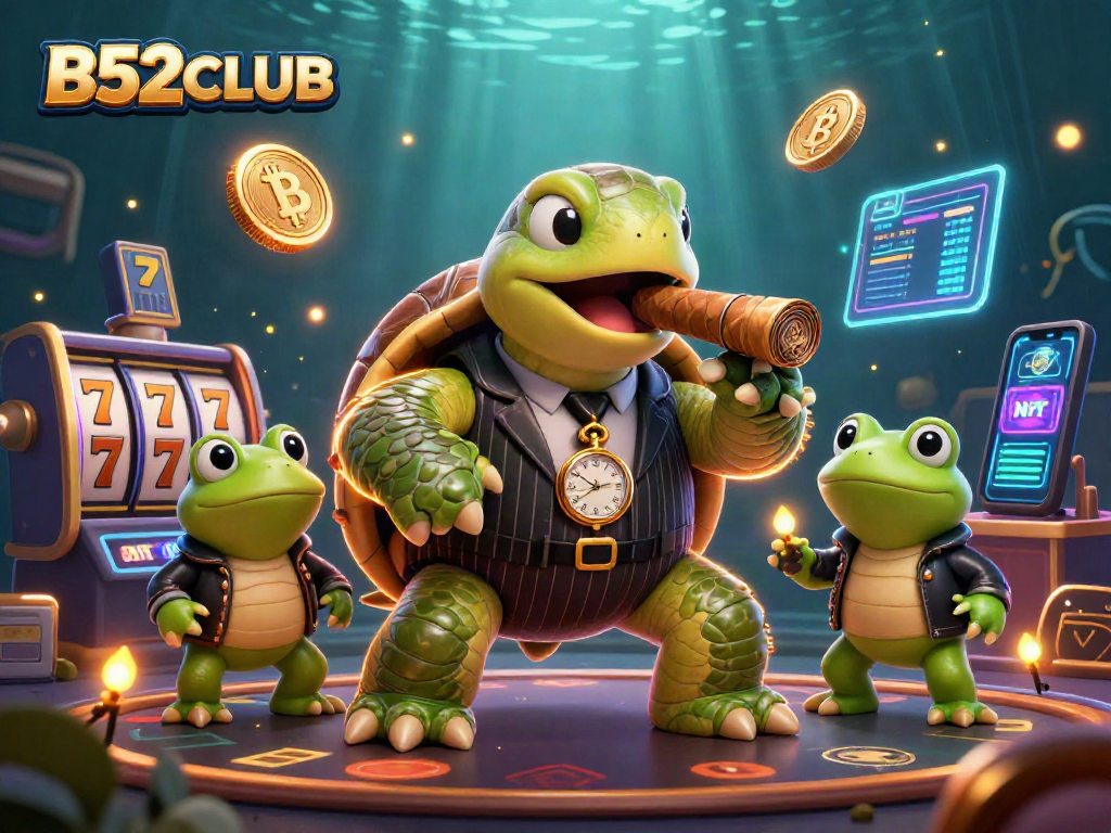 B52CLUB offers exciting gaming action with a massive snapping turtle and bullfrog enforcers in a vibrant casino scene.