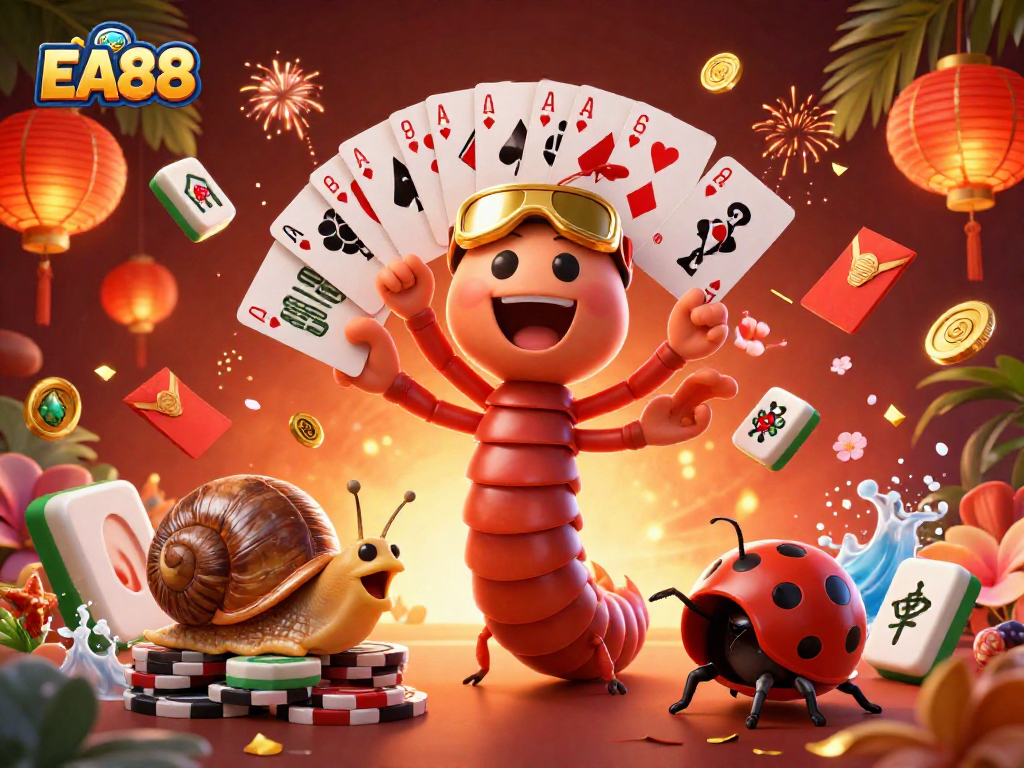 Experience the excitement of EA88 with a vibrant casino scene featuring playful characters and dynamic gaming elements.