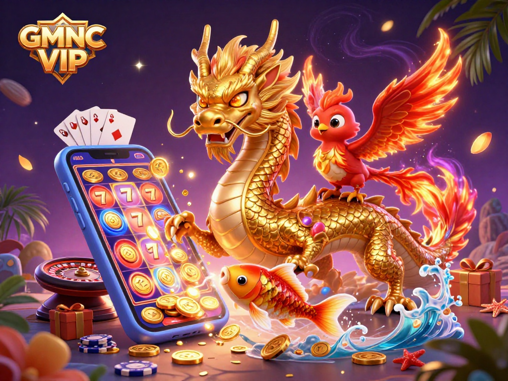 Experience excitement at GMNC VIP with a golden dragon, phoenix, and koi fish amidst vibrant casino elements.