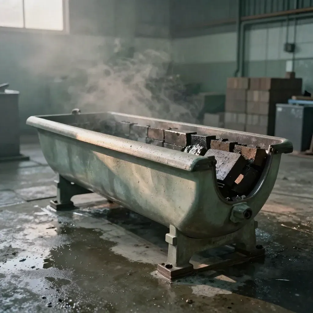 Refractory-lined launder trough and foundry hardware on wet concrete in dawn mist.