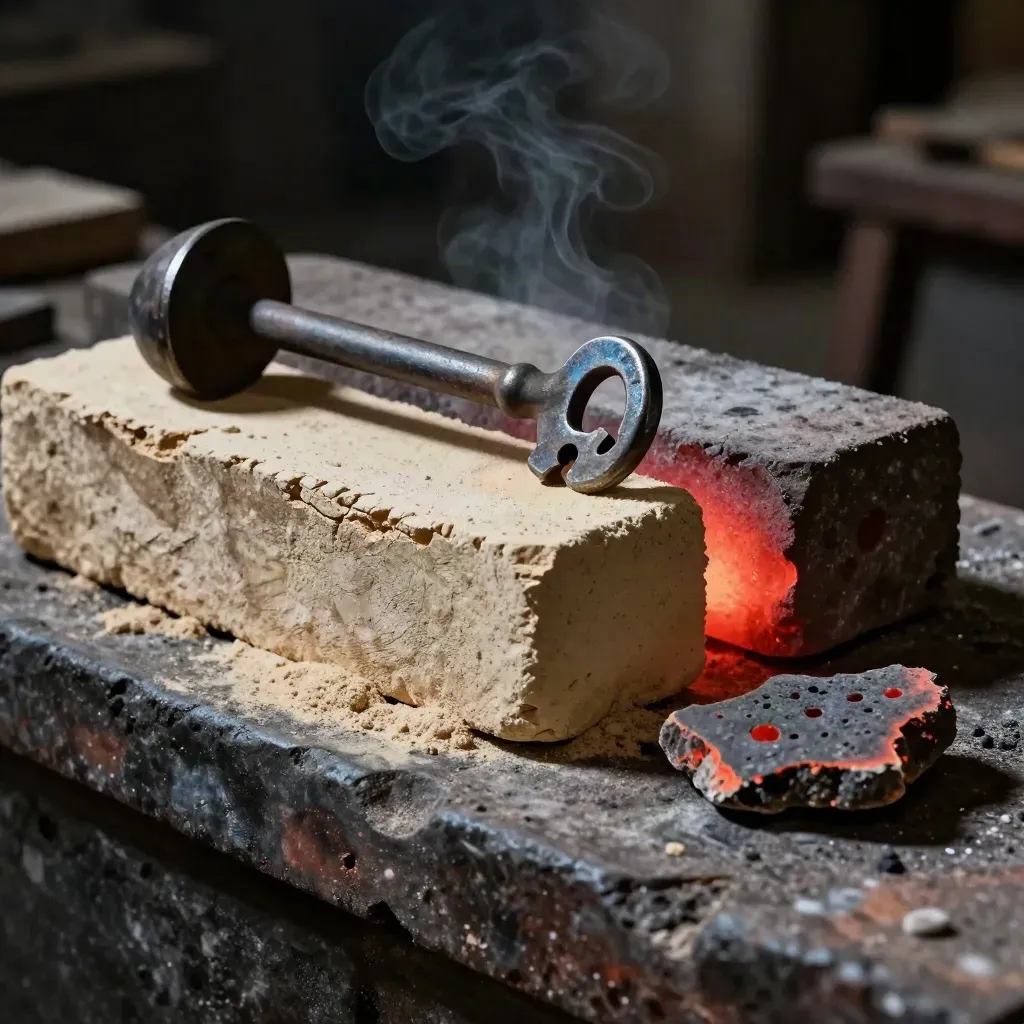 Scorched sand cores, ladle hook, and heat-blackened brick fragment in dramatic side light.