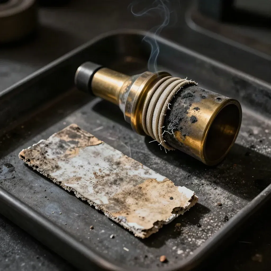 Top-down macro of a burner tip, cracked seal rope coil and soot-marked refractory coupon on a dark tray.