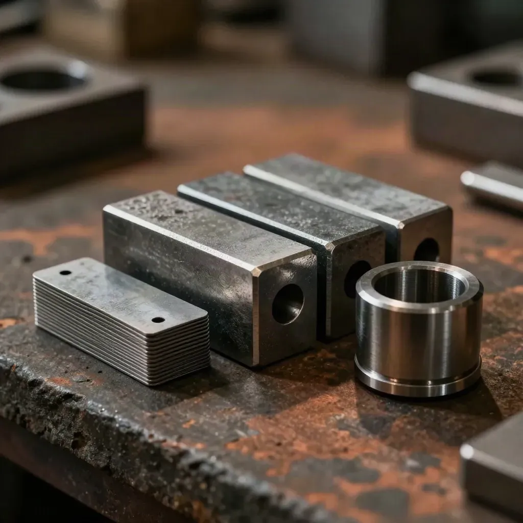 Alloy ingots, shim pack and coupling sleeve on dark stone with warm haze and soft bokeh.