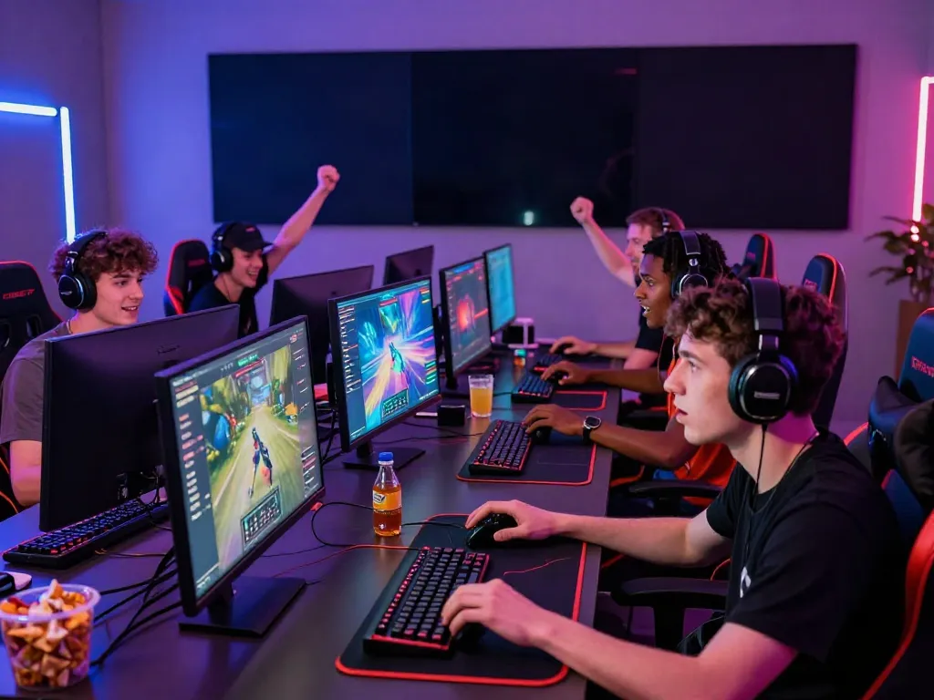 Engaged gamers enjoying the DEBET platform with vibrant ambiance and game displays.