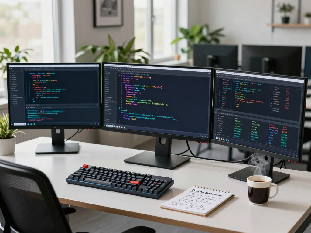 A blockchain developer exploring tornardocash privacy technology in a modern workspace with multiple monitors showcasing smart contracts, analytics, and notes.
