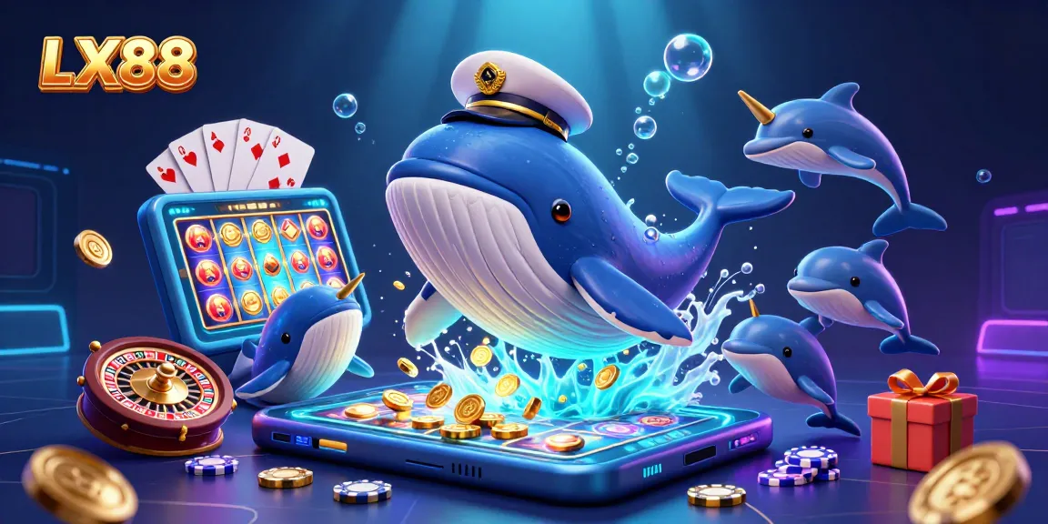 Experience thrilling action with LX88 Casino, featuring a whale captain and playful dolphins amidst casino elements.