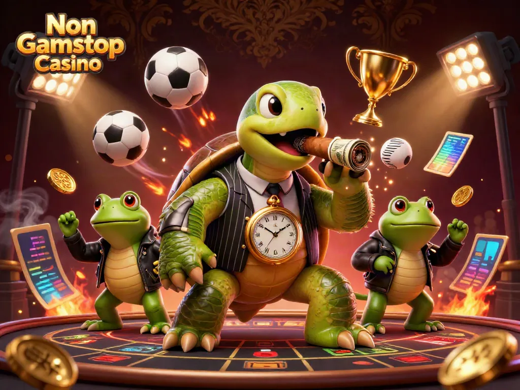 Experience the thrill of Non Gamstop Casino with a dynamic scene of characters and gaming elements.