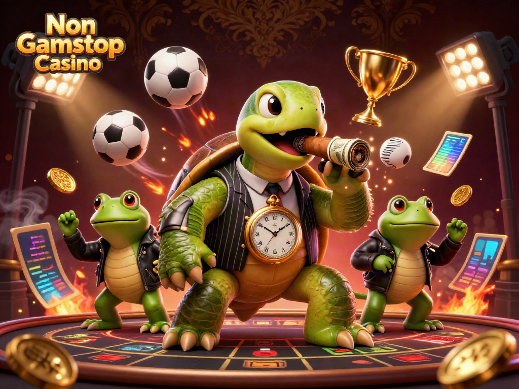 Experience the thrill of Non Gamstop Casino with a dynamic scene of characters and gaming elements.