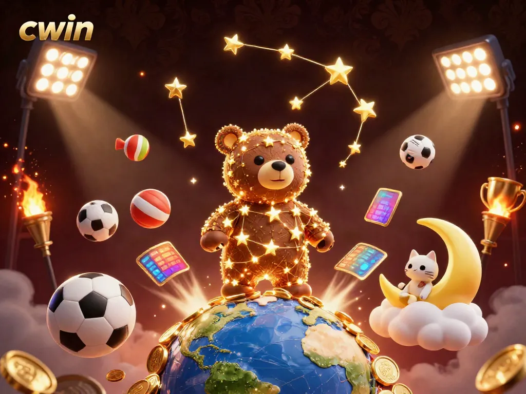 Experience thrilling games at cwin with a vibrant 3D casino-inspired digital art scene filled with exciting elements.