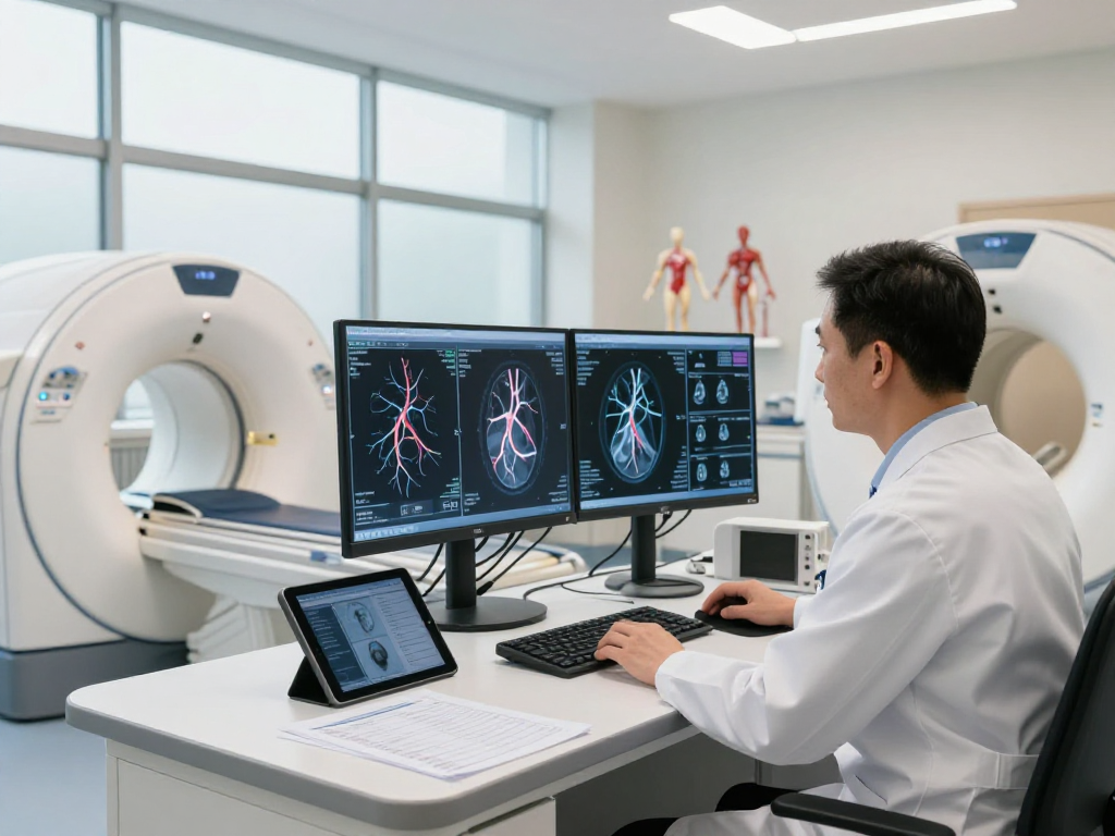 Vascular imaging and diagnostics in a modern healthcare setting with professionals analyzing high-resolution scans.