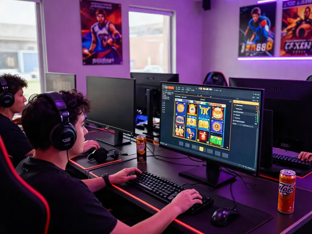 Engaging gamer at multi-monitor setup on TX88 platform, showcasing vibrant gaming room atmosphere.