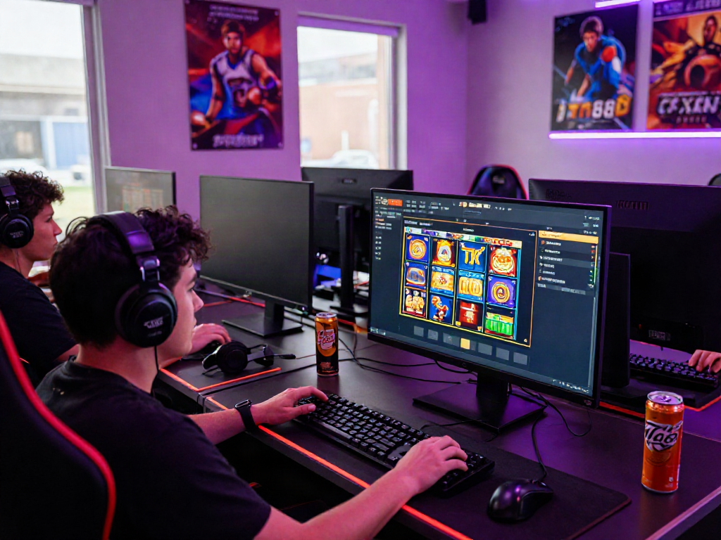 Engaging gamer at multi-monitor setup on TX88 platform, showcasing vibrant gaming room atmosphere.