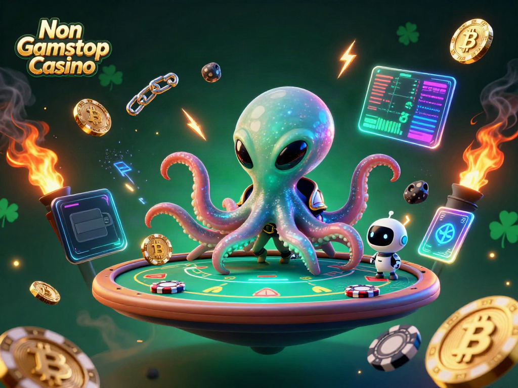 Experience thrilling gameplay at Non Gamstop Casino with an alien octopus controlling a poker table.