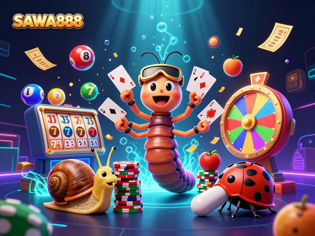 Engage with SAWA888's dynamic casino action featuring vibrant slot reels, lively characters, and exciting game elements.