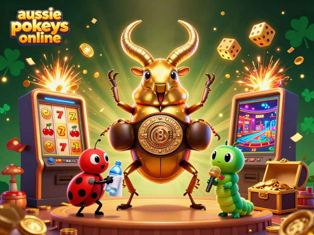 Engage with the colorful aussie pokies online scene featuring a giant golden stag beetle and dynamic slot games.