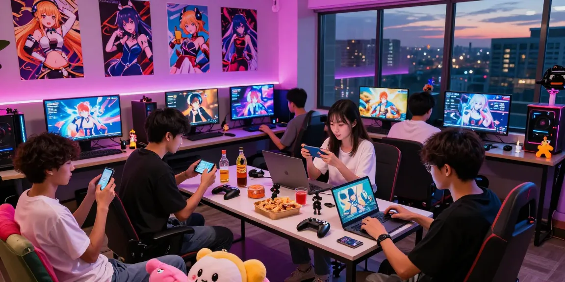 Friends enjoying a fun night playing ecchi games together in a vibrant gaming lounge.
