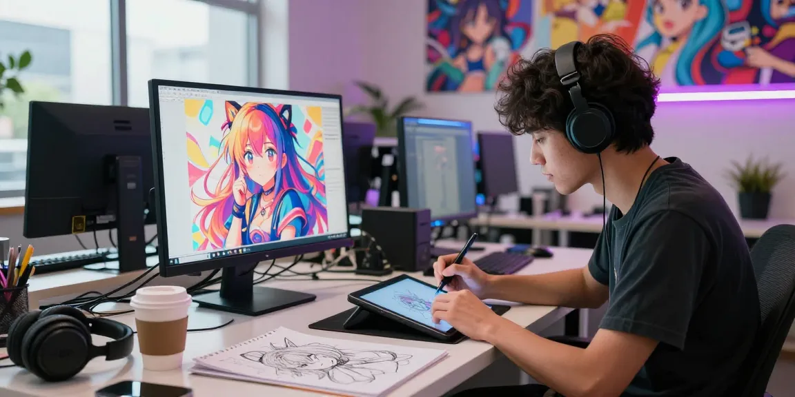 Person creating ecchi AI characters in a vibrant digital art workspace.