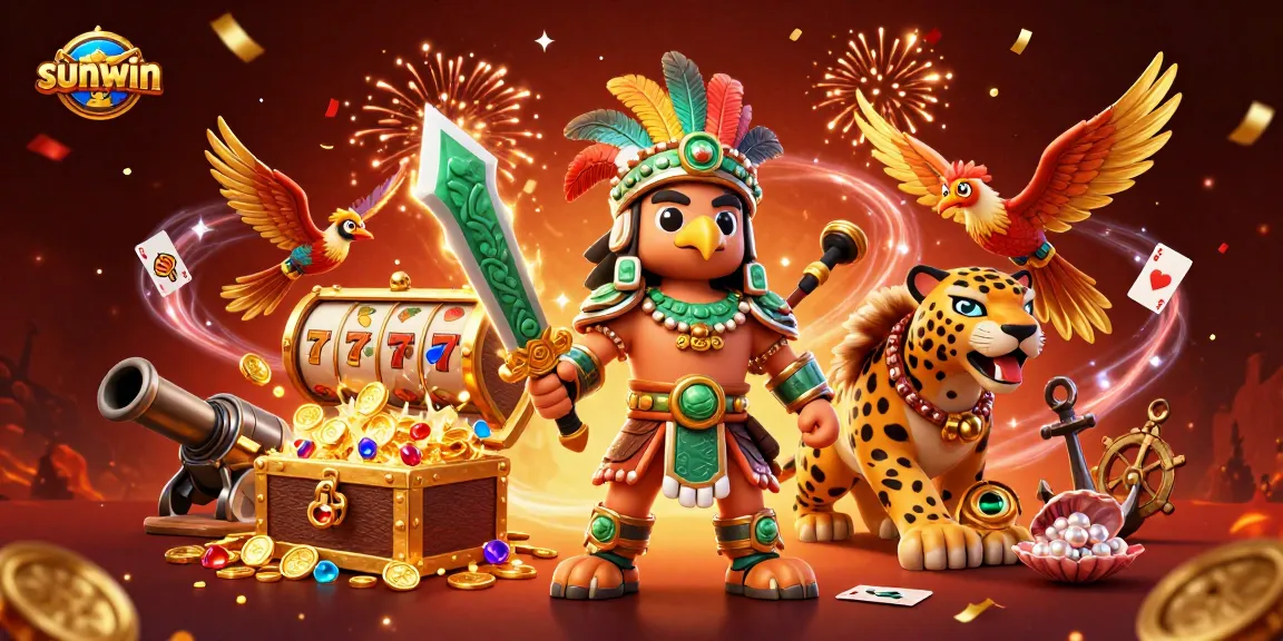 Experience the thrill of sunwin with a vibrant 3D casino illustration featuring epic characters and slot elements.