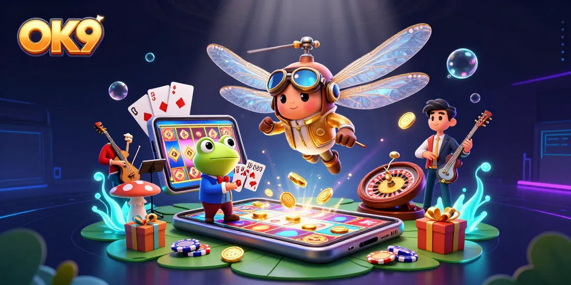 Experience OK9's vibrant casino scene with a dragonfly pilot and frog dealer amidst vibrant game elements.