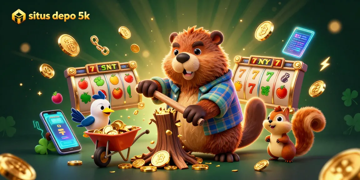 Engage with situs depo 5k featuring a whimsical beaver and friends amid gold coins and slot game icons.