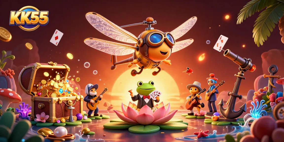 Experience lively gambling with KK55's cartoon dragonfly pilot, frog dealer, and vibrant casino scene.