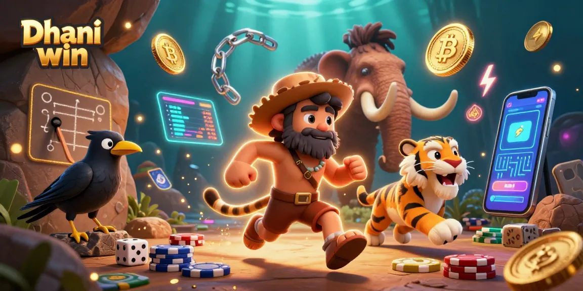 Dhani win casino features a caveman and sabertooth tiger duo in a vibrant 3D scene, engaging in thrilling gameplay.