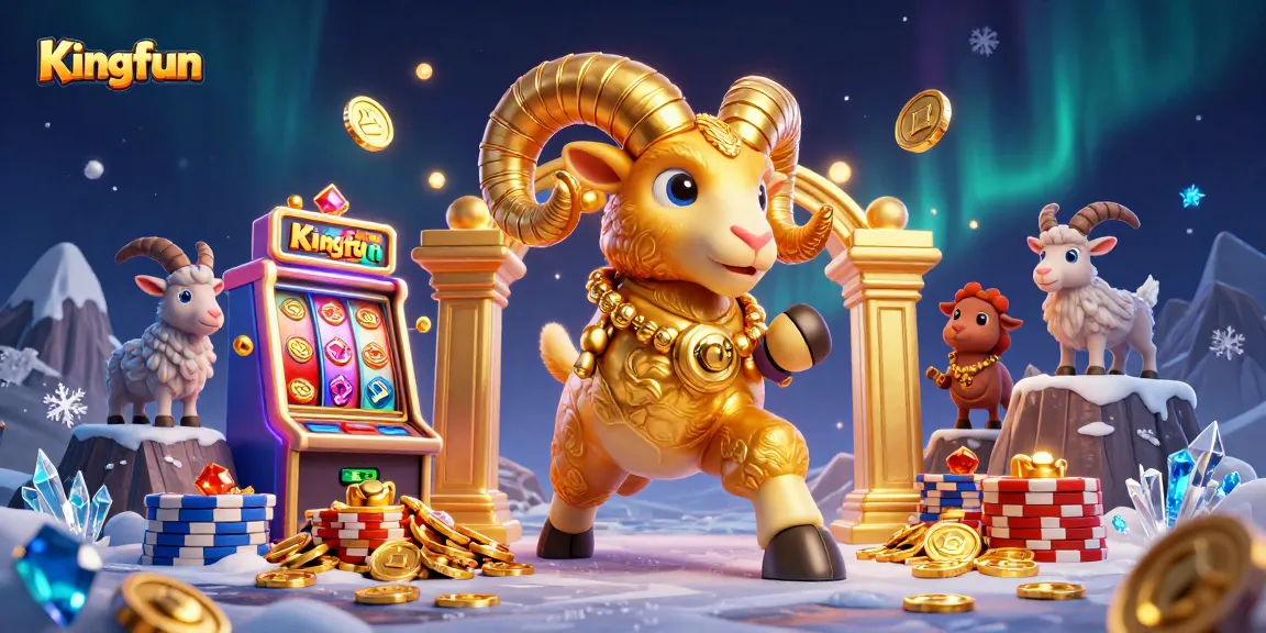 Kingfun slot game illustration with a golden ram and dynamic casino elements enhancing gaming excitement.