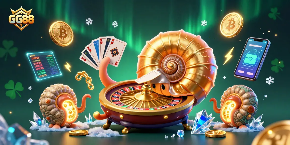 Experience the vibrant world of GG88 with a dazzling casino scene featuring a giant nautilus roulette wheel and crypto elements.